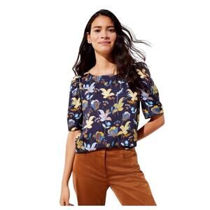 LOFT Women’s navy and marigold floral blouse w puffer sleeve Size LP